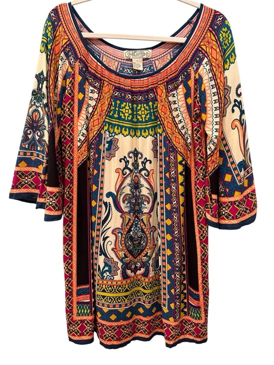 Flying Tomato Tops - Boho Printed Scoop Neck Tunic Top - Mini Dress Multicolor Hippie Sz L